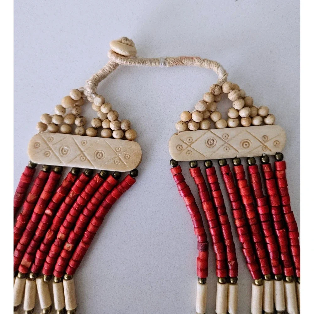 Multi-Strand Bone‎ Necklace - Hand-Etched Tribal Boho Statement Jewelry Vintage